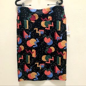 Lularoe Cassie Pencil Skirt Size L Orange green blue maroon mustard on black
